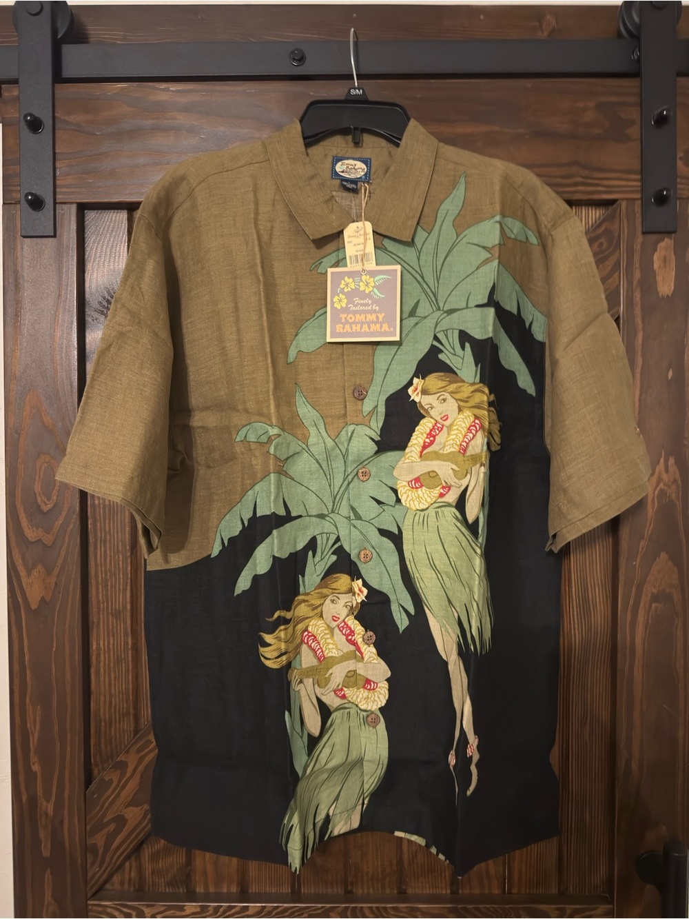Tommy Bahama Brown & Black Hawaiian Hula Girl Camp Shirt with Green Palms